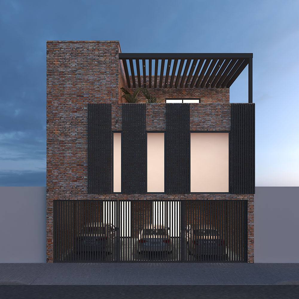 Fachada contemporánea con celosías y pérgola diseñada por Grupo ESAGA en Monterrey